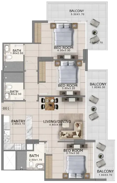 3 bedroom Apartments floor plan at Arlington Park 2