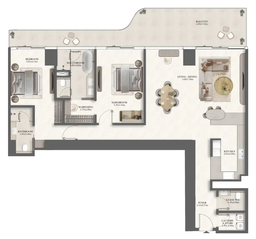 2 bedroom Apartments floor plan at Jumeirah Residences at Al Maryah Island