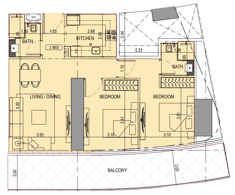 2 bedroom Apartments floor plan at Binghatti Sky Terraces