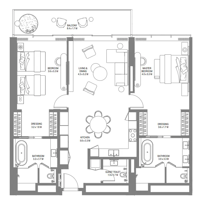 2 bedroom Hotel Apartments floor plan at Anantara Sharjah Resort