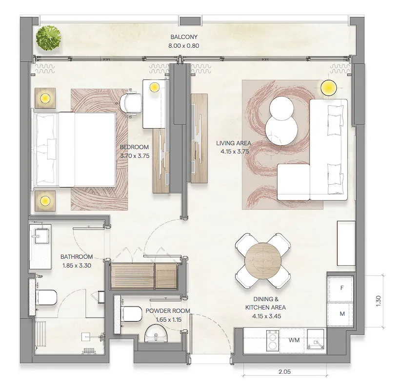 1 bedroom Apartments floor plan at Bloom Arjaan by Rotana