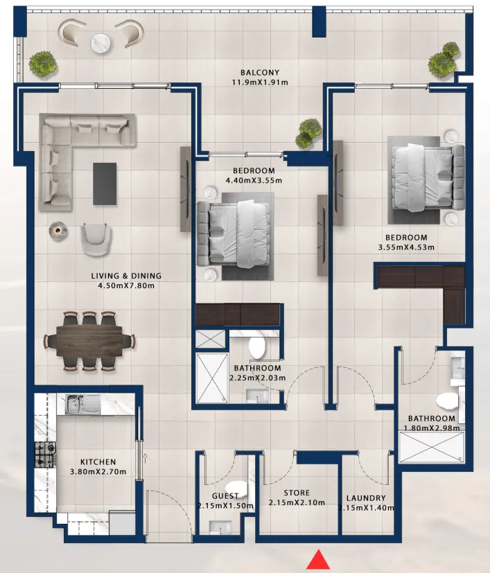 2 bedroom Apartments floor plan at Asayel Avenue