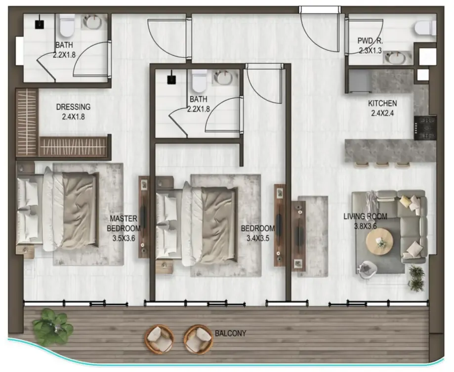 2 bedroom Apartments floor plan at Noore