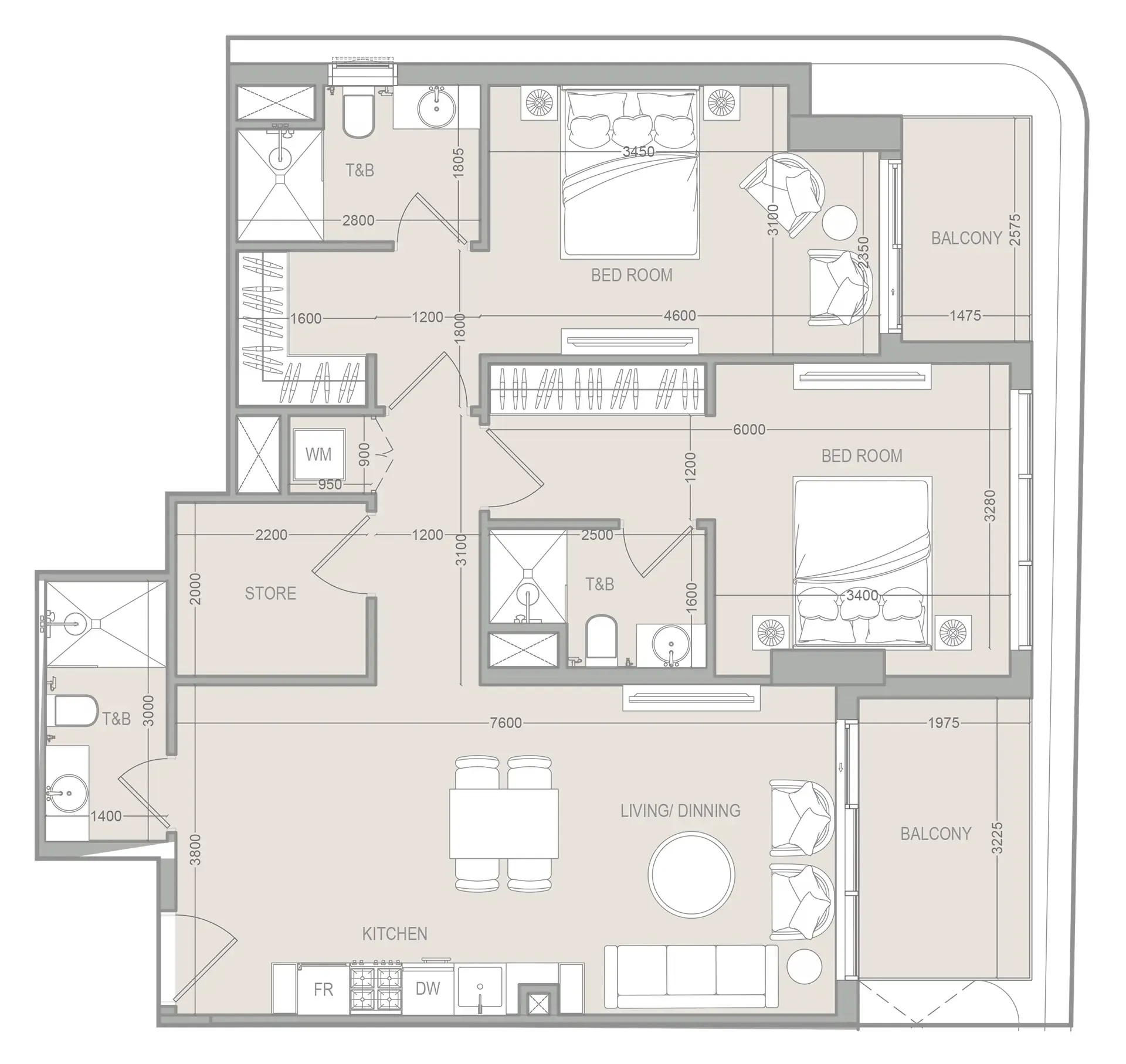 2 bedroom Apartments floor plan at FLU1D ONE