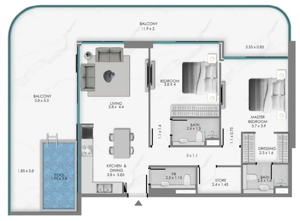 2 bedroom Apartments floor plan at Samana Ocean Bay