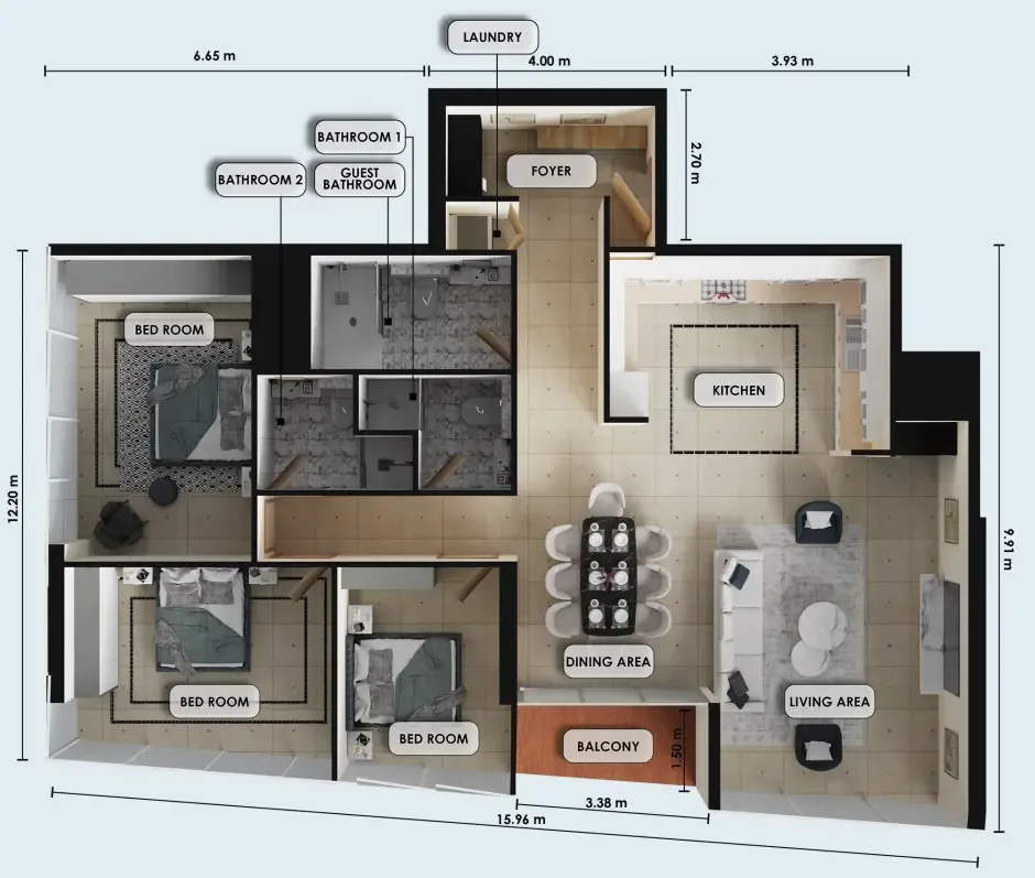 3 bedroom Apartments floor plan at Zenith J1