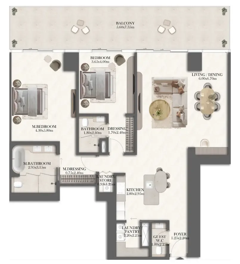 2 bedroom Apartments floor plan at Jumeirah Residences at Al Maryah Island