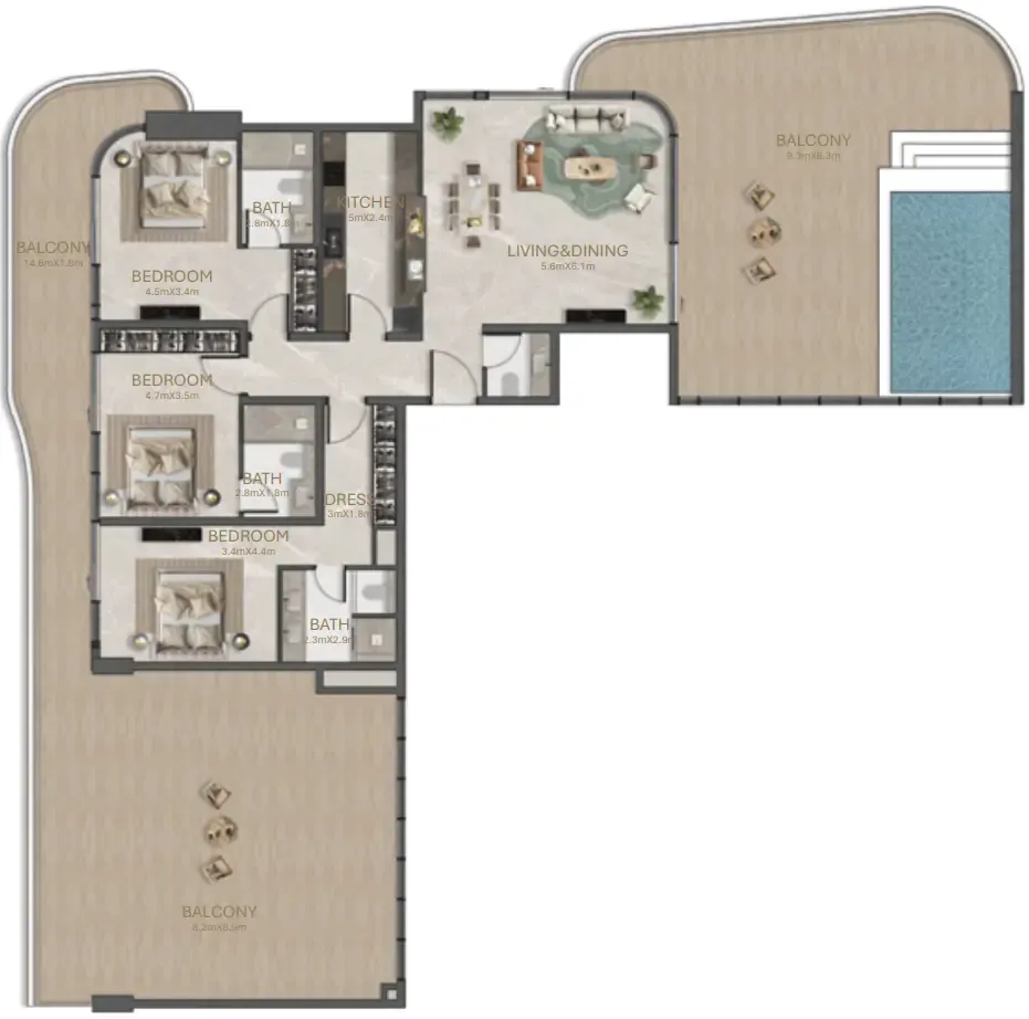 3 bedroom Penthouse floor plan at La Perla by BNW Developments
