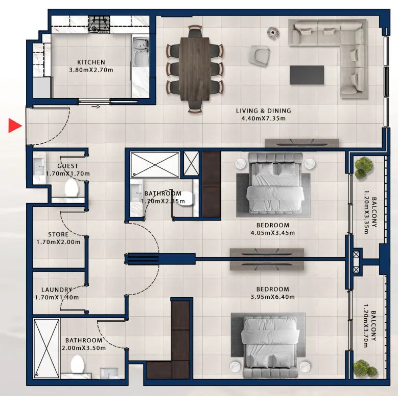 2 bedroom Apartments floor plan at Asayel Avenue