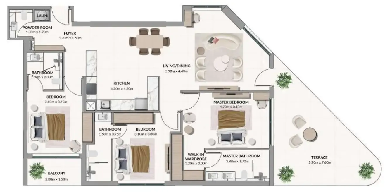 3 bedroom Apartments floor plan at Woodland Terraces