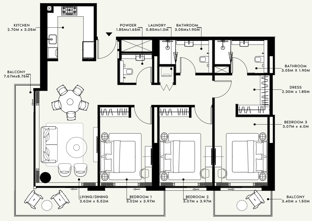 3 bedroom Apartments floor plan at Azizi Venice