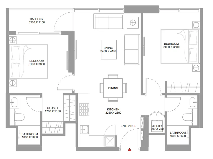 2 bedroom Apartments floor plan at Pristine Beach Residences