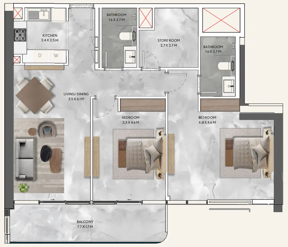 2 bedroom Apartments floor plan at California Residences