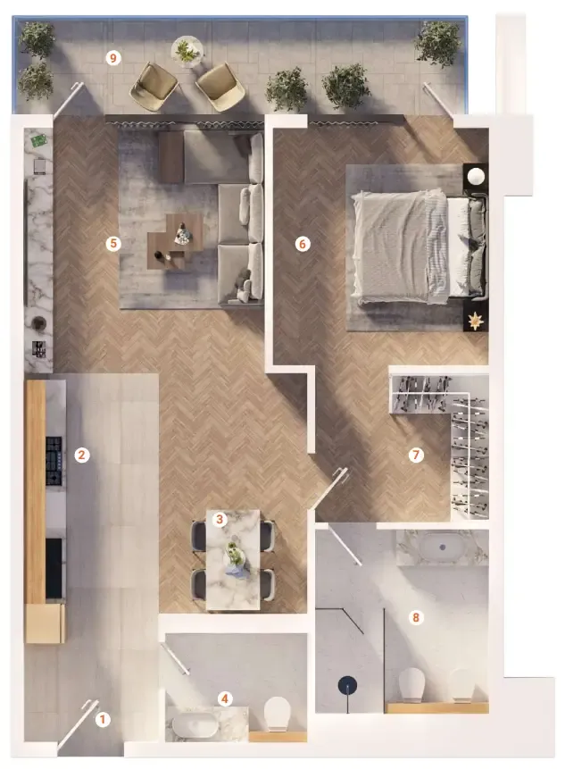 1 bedroom apartments floor plan at The Orchard Place Towers D & E