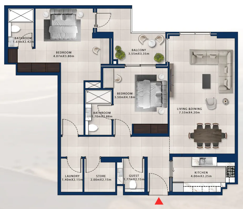 2 bedroom Apartments floor plan at Asayel Avenue