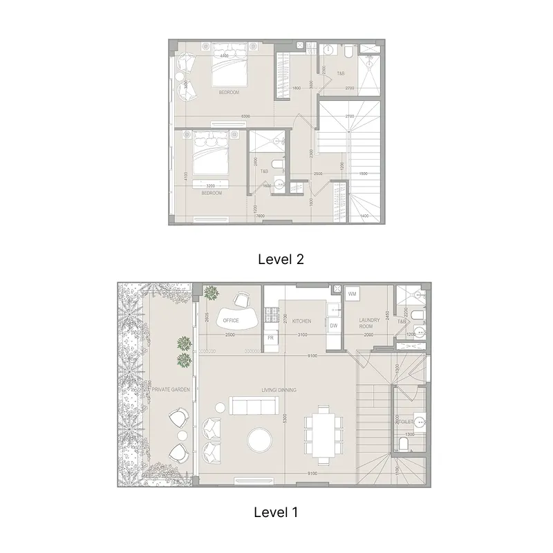 2 bedroom Duplex floor plan at FLU1D ONE