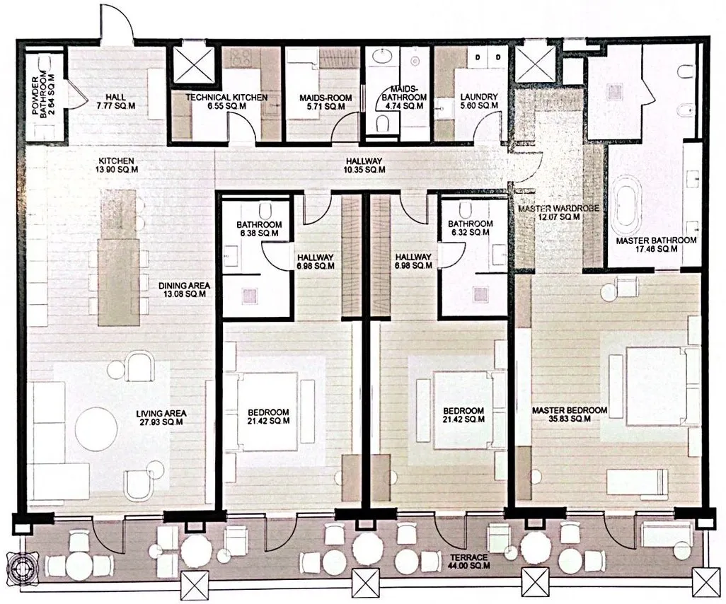 3 bedroom Apartments floor plan at Raffles The Palm Dubai