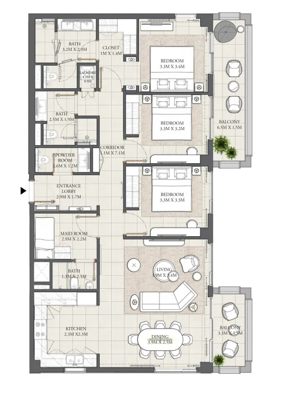 3 bedroom Apartments floor plan at Mangrove