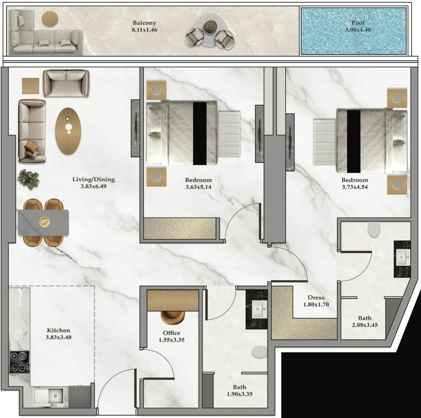 2 bedroom Apartments floor plan at Bayz 102