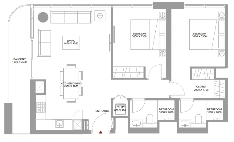 2 bedroom Apartments floor plan at Pristine Beach Residences