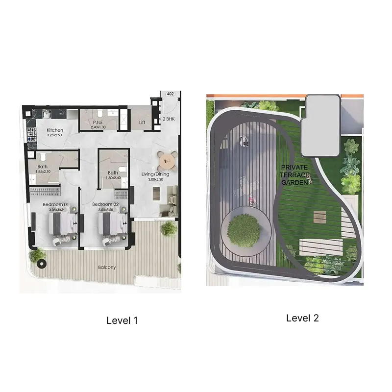 2 bedroom Duplex floor plan at Aristo