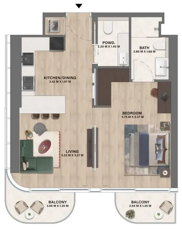 1 bedroom Apartments floor plan at Mövenpick Residences Dubai Motor City Phase 1