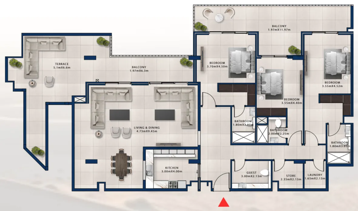 3 bedroom Apartments floor plan at Asayel Avenue