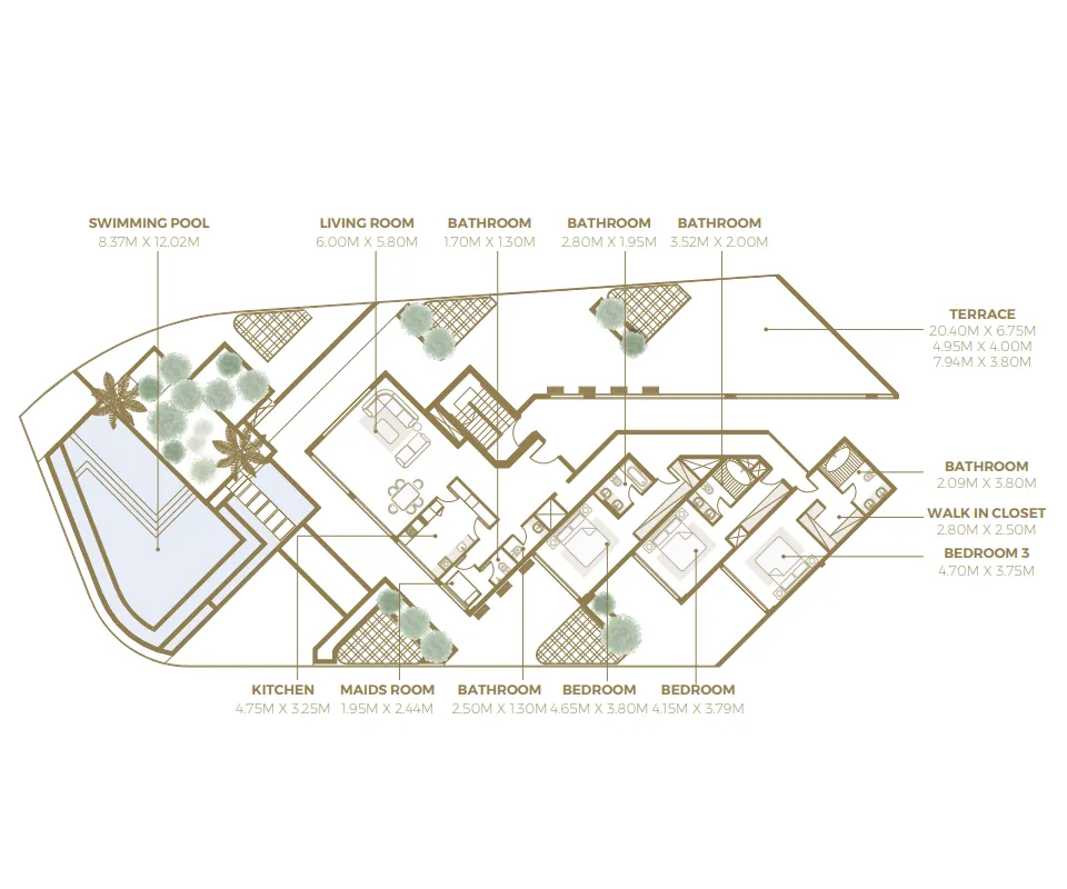 3 bedroom Penthouse floor plan at Azizi Mina