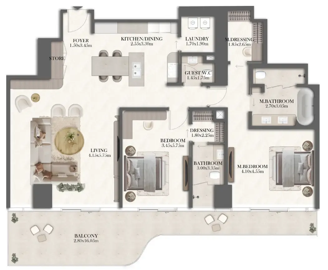 2 bedroom Apartments floor plan at Jumeirah Residences at Al Maryah Island