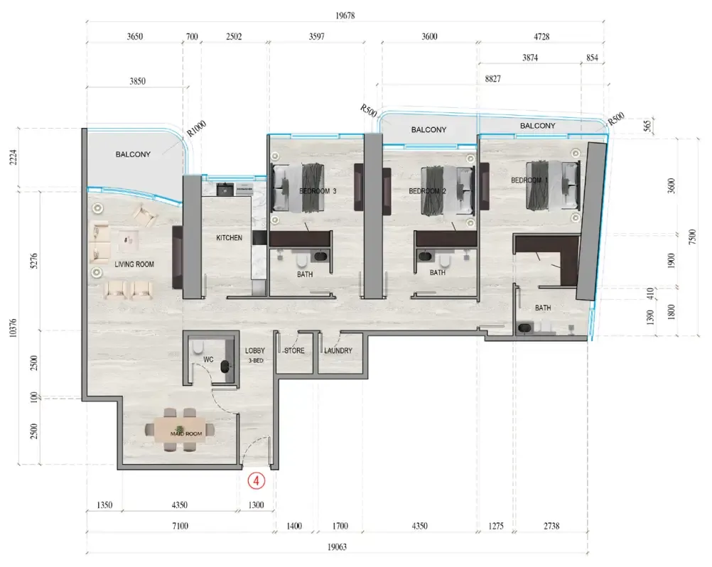3 bedroom Apartments floor plan at Al Ghaf Tower