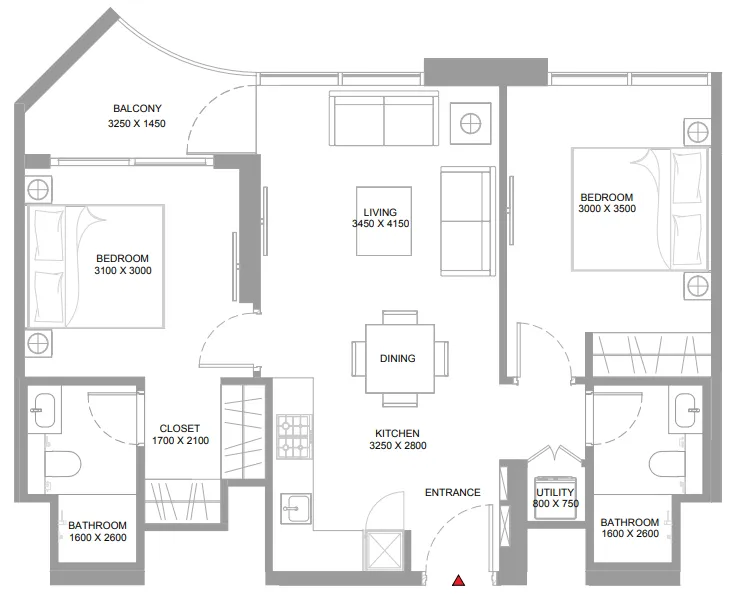 2 bedroom Apartments floor plan at Pristine Beach Residences