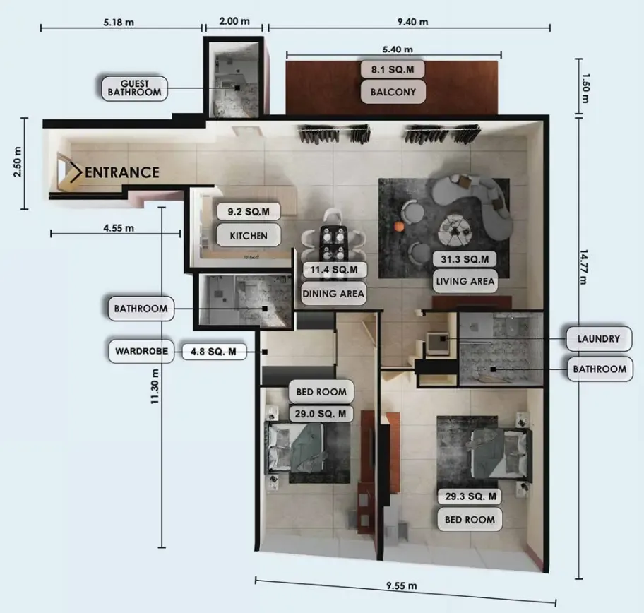 2 bedroom Apartments floor plan at Zenith J1