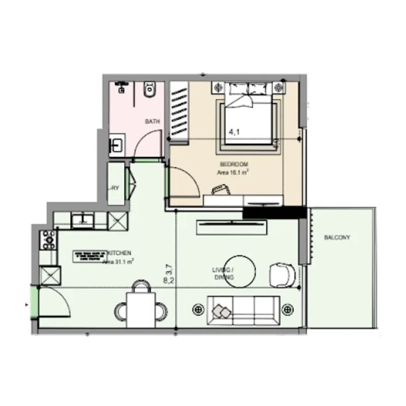 1 bedroom Apartments floor plan at Edgewater Residences 1, 2 and 3