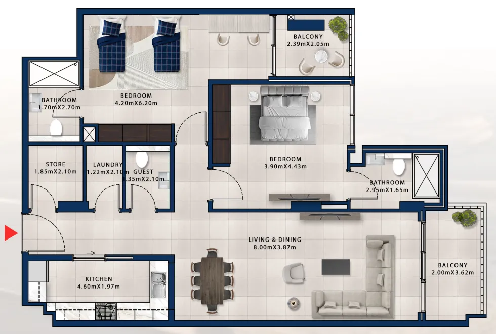 2 bedroom Apartments floor plan at Asayel Avenue