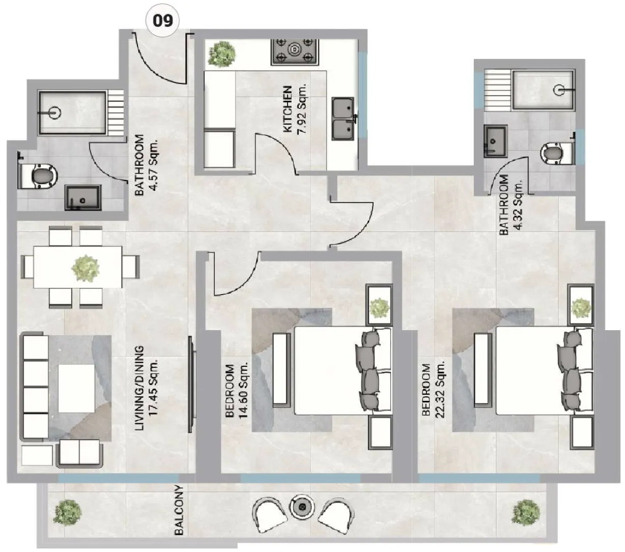 2 bedroom Apartments floor plan at Barajeel Towers