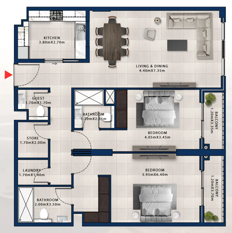 2 bedroom Apartments floor plan at Asayel Avenue