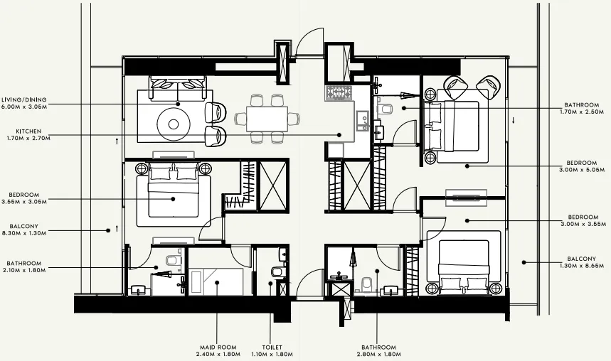 3 bedroom Apartments floor plan at Azizi Milan