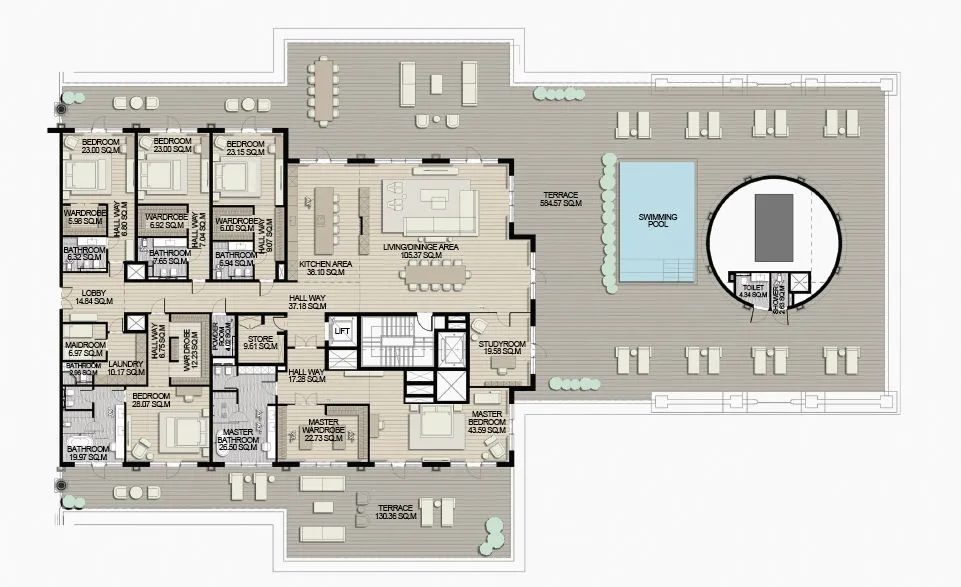 5 bedroom Apartments floor plan at Raffles The Palm Dubai