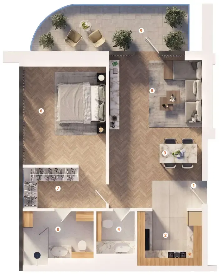 1 bedroom apartments floor plan at The Orchard Place Towers D & E