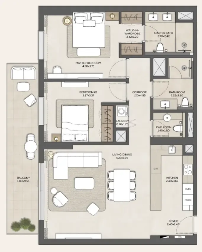2 bedroom Apartments floor plan at Expo Valley Views - Ghadeer