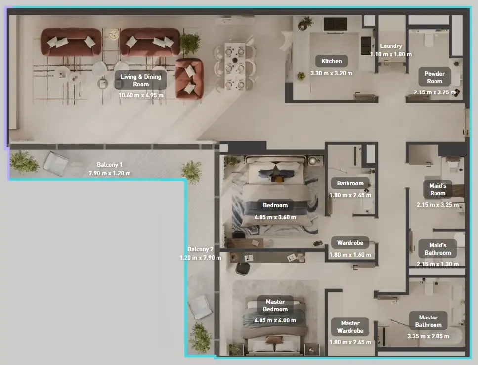2.5 bedroom Apartments floor plan at Luluat Marina at Luluat Al Raha
