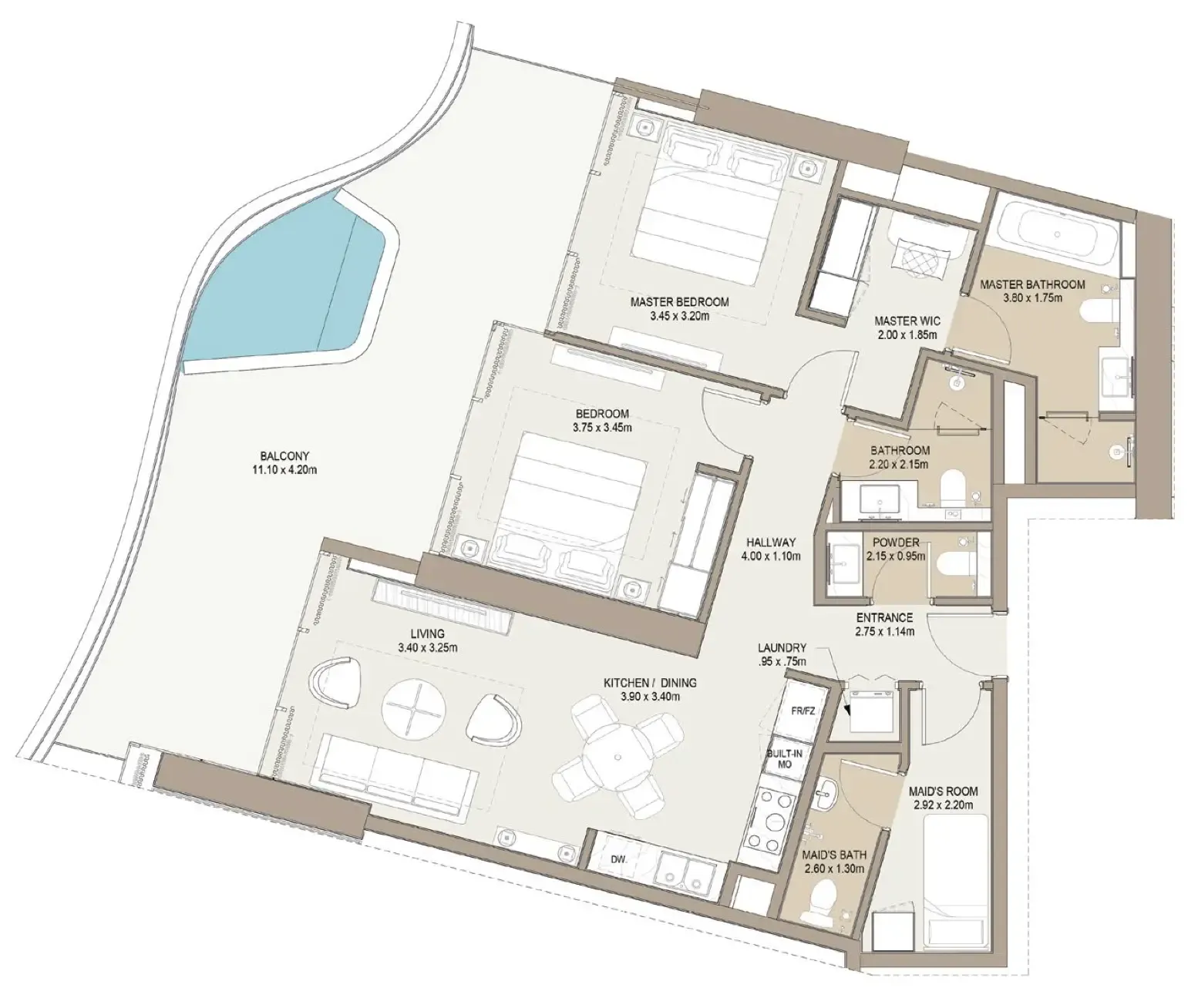 2 bedroom Apartments floor plan at Laguna Residence
