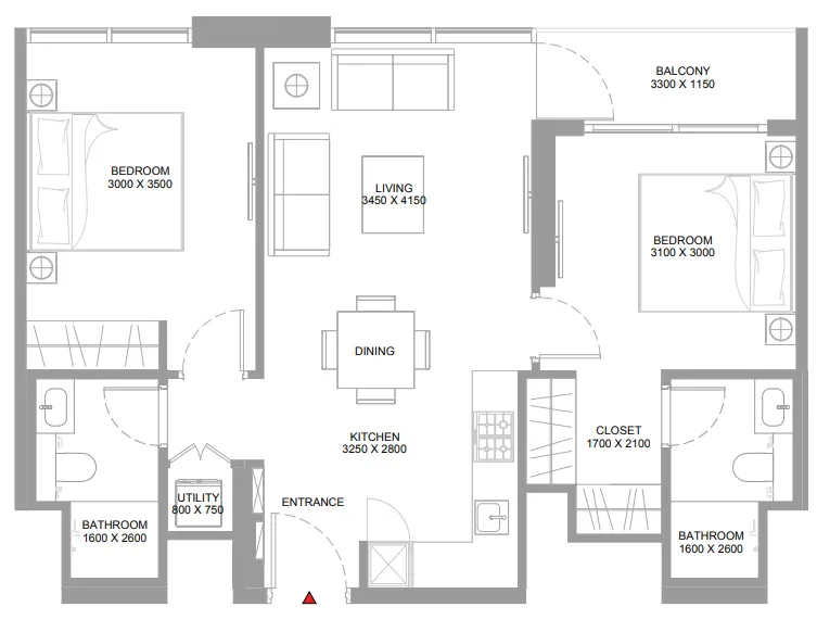 2 bedroom Apartments floor plan at Pristine Beach Residences