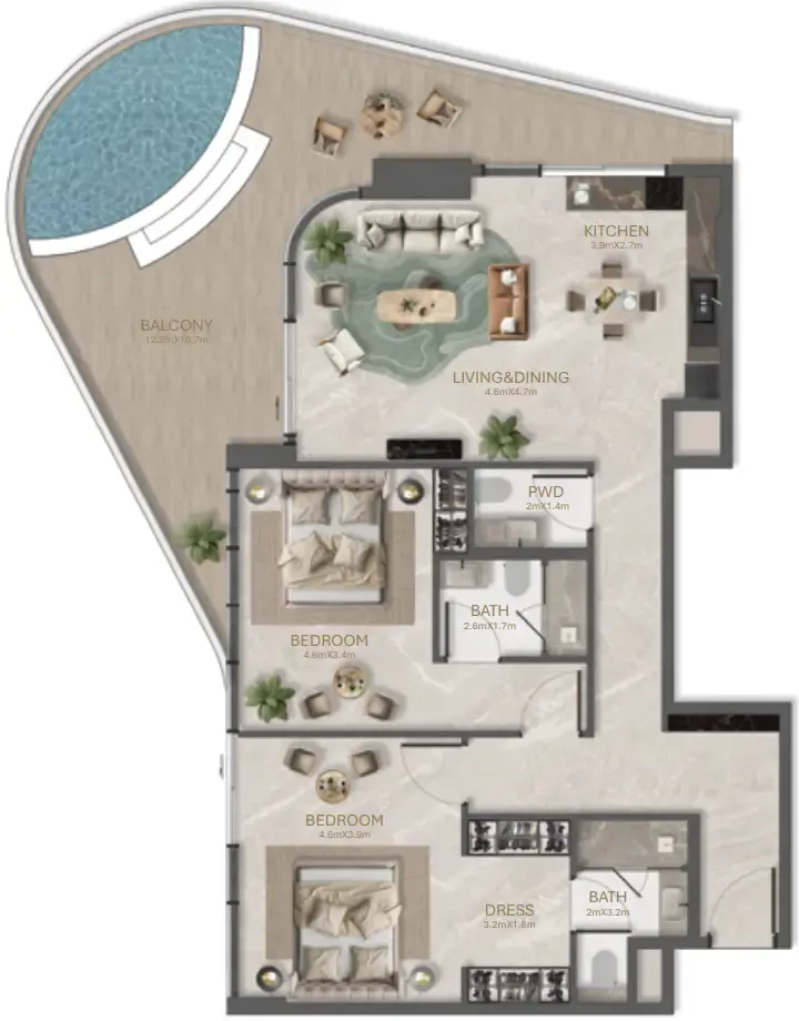 2 bedroom Apartments floor plan at La Perla by BNW Developments