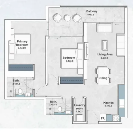 2 bedroom Apartments floor plan at Iraz Creek Views