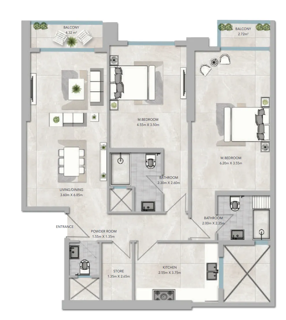 2 bedroom apartments floor plan at Al Aamra 3 Tower