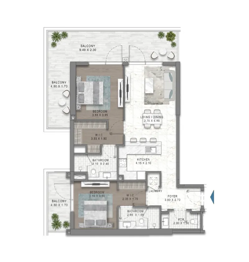 2 bedroom Apartments floor plan at Damac Riverside Views