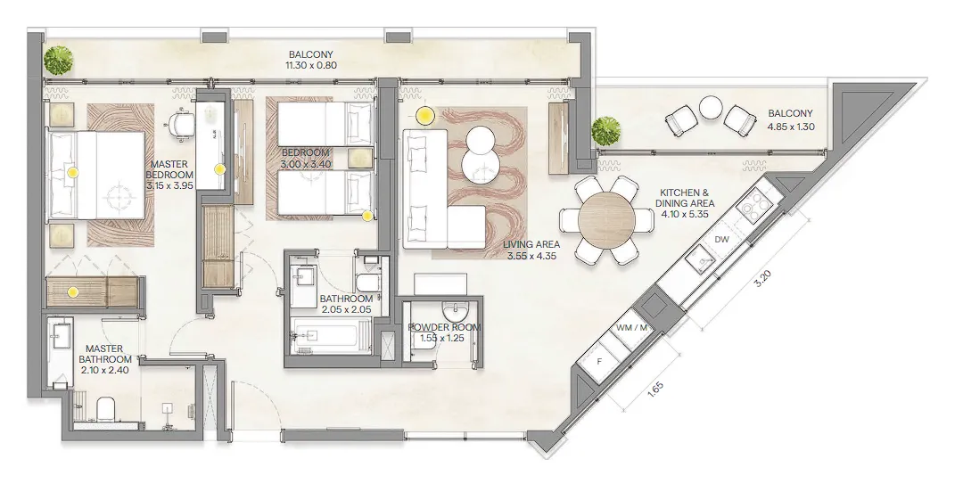 2 bedroom Apartments floor plan at Bloom Arjaan by Rotana