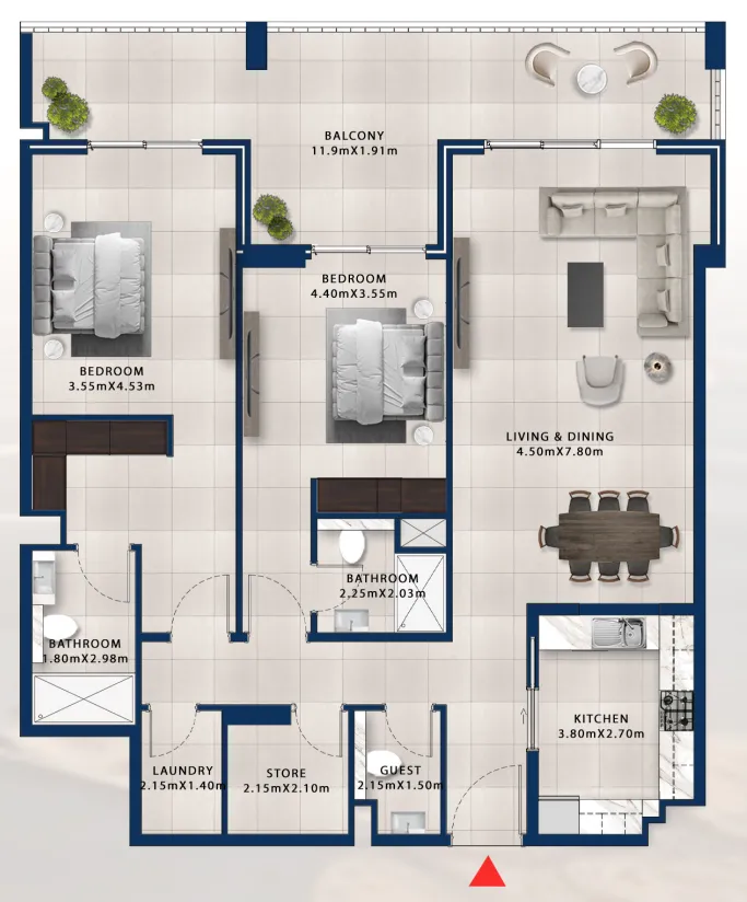2 bedroom Apartments floor plan at Asayel Avenue