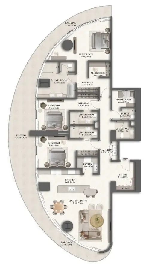 3 bedroom Apartments floor plan at Jumeirah Residences at Al Maryah Island
